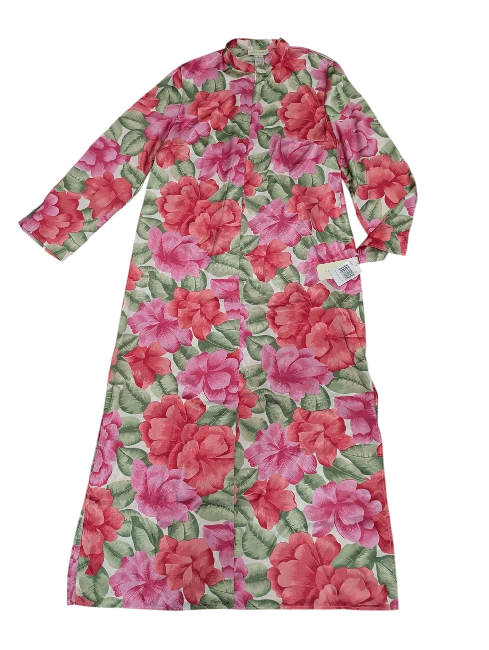 VTG Lord & Taylor Tropical Floral Silky Long Housedress Kaftan Half Zip Sz L